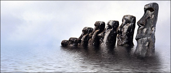 Illustration: Easter Island statues sinking into the sea.